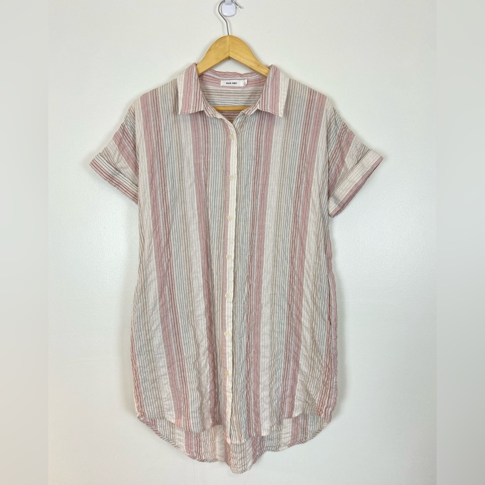 MOD REF Cotton Crinkle High Low Stripe Shirt Dress Large